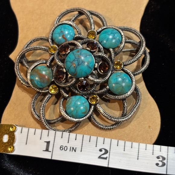 Chico's Brooch Pin Faux Turquoise Amber Color Crystal Rhinestone Silver Tone - Picture 2 of 3